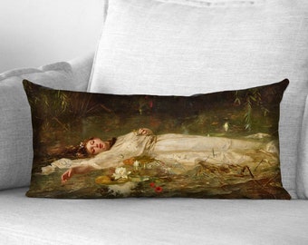 ophelia - Shakespeare - 12" x 24" velveteen lumbar pillow case - Friedrich Wilhelm Theodor Heyser, literary gifts, vintage woman painting