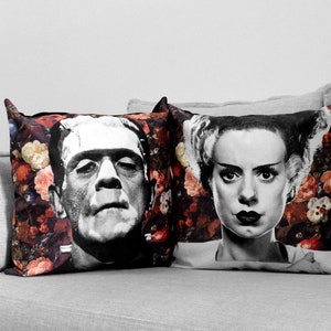 OVERSTOCK DISCOUNT Monster and the bride of frankenstein - set of 2 - 18" velveteen pillow case -  his and hers - floral print background