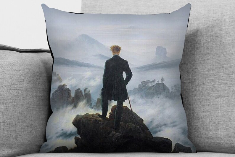 May include: A painting depicting a man standing on a rocky cliff overlooking a sea of clouds. The man is wearing a dark coat and has his back to the viewer. The sky is a light blue and the clouds are white. The painting is a classic example of Romanticism.