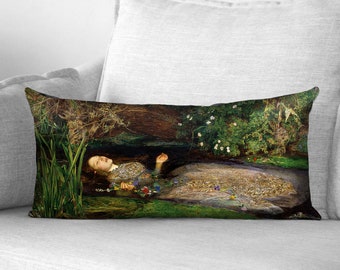 ophelia - Shakespeare - 12" x 24" velveteen lumbar pillow case - john everett millais, 1852, literary gifts, vintage woman painting