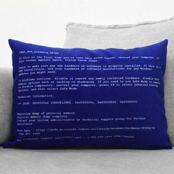 blue screen of death - 14" x 20" velveteen pillow case - windows computer error screen , geek decor