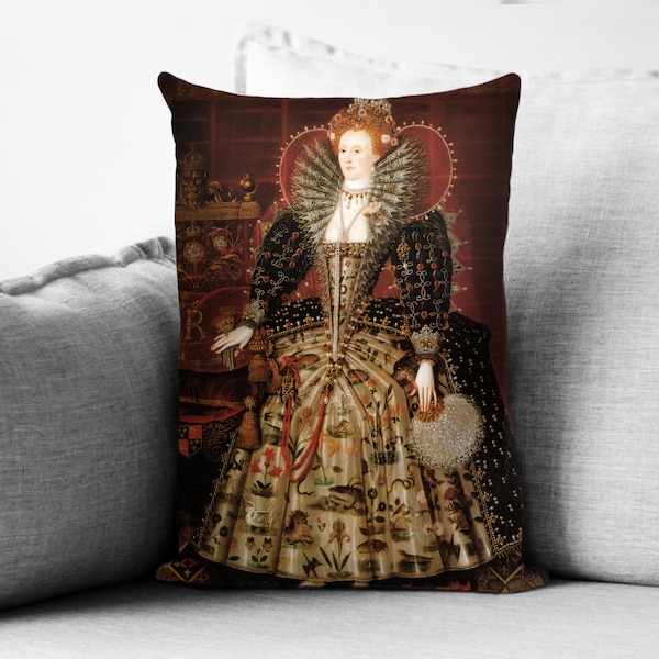 Reina Isabel I - el retrato de "Hardwick Hall" - funda de almohada de pana de 14" x 20" - Nicholas Hilliard, 1599