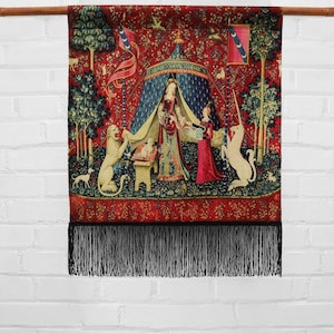 La dama y el unicornio - pancarta impresa en lienzo mediano // tapiz con flecos - tapices de unicornio, 1495-1505