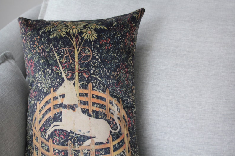 the unicorn is in captivity and no longer dead 14 x 20 velveteen pillow case unicorn tapestries, 1495 1505 image 3