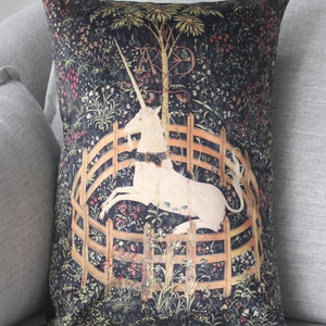the unicorn is in captivity and no longer dead 14 x 20 velveteen pillow case unicorn tapestries, 1495 1505 image 2