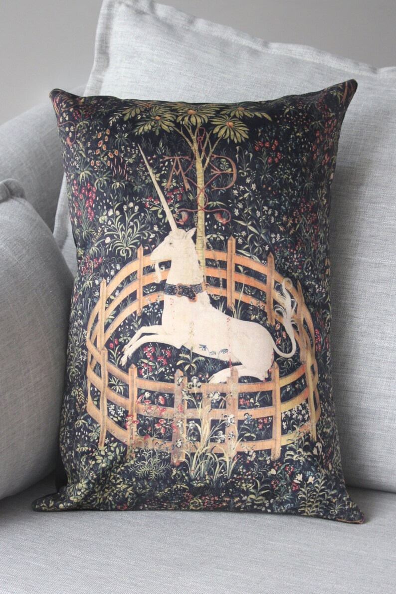 the unicorn is in captivity and no longer dead 14 x 20 velveteen pillow case unicorn tapestries, 1495 1505 image 2