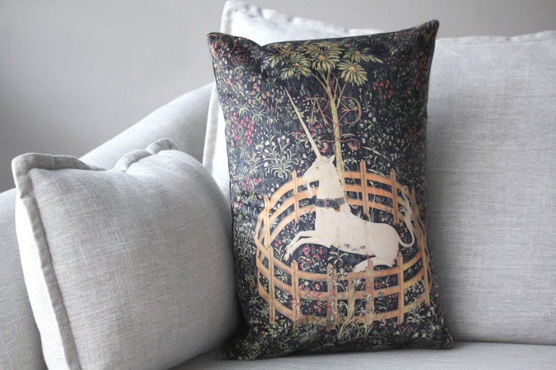 the unicorn is in captivity and no longer dead 14 x 20 velveteen pillow case unicorn tapestries, 1495 1505 image 1