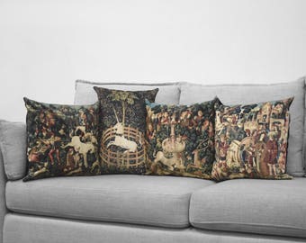 the hunt for the unicorn -  set of 4 - velveteen pillow cases - unicorn tapestries, 1495 - 1505