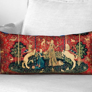 The lady and the unicorn // taste - 12" x 24" velveteen lumbar pillow case - unicorn tapestries, 1495 - 1505