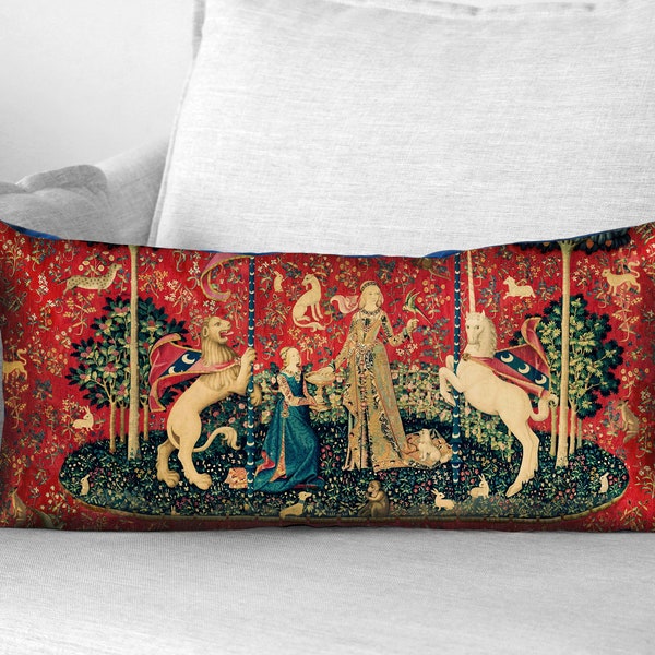 The lady and the unicorn // taste - 12" x 24" velveteen lumbar pillow case - unicorn tapestries, 1495 - 1505