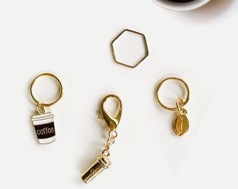 Gold Coffee Knitting Stitch Marker + Pk Set of 4 + clear plastic jar with gold lid | COFFEE TO GO Set