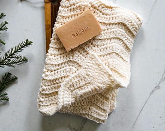 Hand Knit Kitchen Bathroom Hand Towel with + cutting board + soap gift set | THE CENCIO