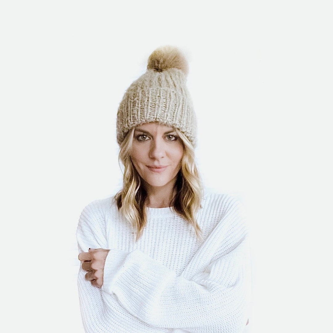 Winter Beanie with Faux Fur Pom - Diagonal Rib Knit Womens Pom Pom Winter Beanie Women main image 3