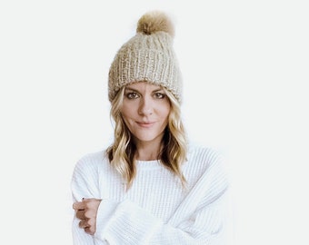 Chunky Ribbed Knit Faux Fur Hat with detachable Faux Rabbit Fur Pom  | THE CAMINETTO BEANIE