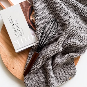 Hand Knit Kitchen Bathroom Hand Towel with suede flower tag | THE MAPPINA