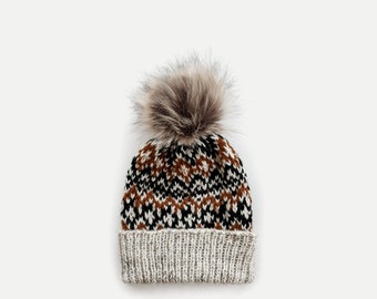 Knit Fair Isle Beanie Hat + fold-up ribbed brim with detachable Faux Fur Pom | THE LOGGIA