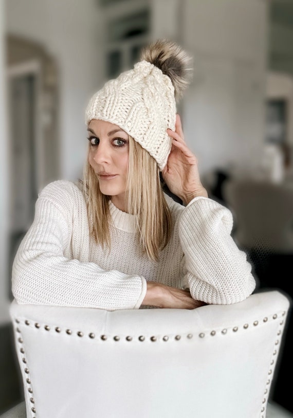 Chunky Knit Cabled Hat With Detachable Faux Fur Pom | THE 