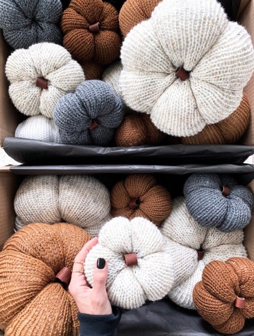 Stuffed Knit Pumpkin With Genuine Leather Stem (small + large size)