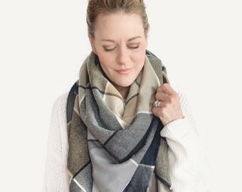 Plaid Acrylic Fabric Blanket Scarf Wrap | tan/ beige/black/grey