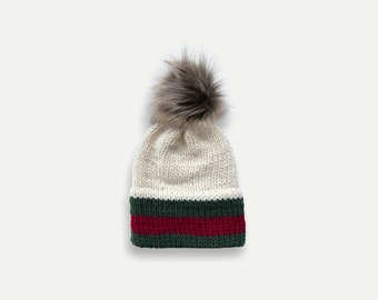Designer-Inspired Double Brim Knit Beanie Hat with detachable Faux Fur Pom  | THE BERRETTO