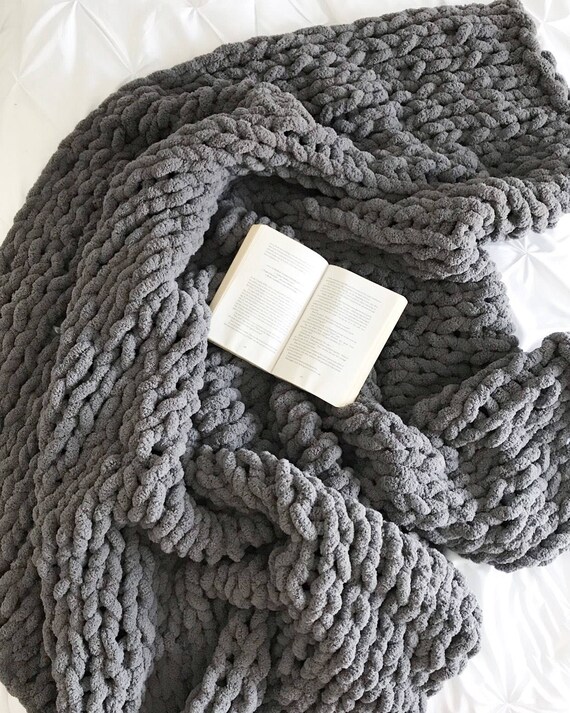 Jumbo Knit Chenille Throw Blanket Dark Grey The Grande Etsy