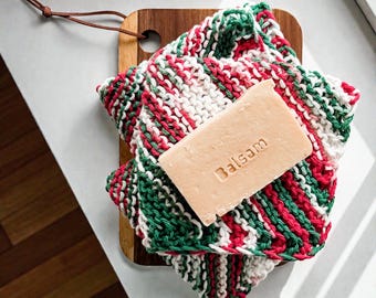 Hand Knit Christmas Cotton Washcloth Set: 3 cloths + Acacia Cutting Board + Balsam Soap