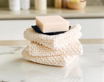 Hand Knit Cotton Washcloth Set: Soap & Dish Gift - THE MAPPINA CLOTHS