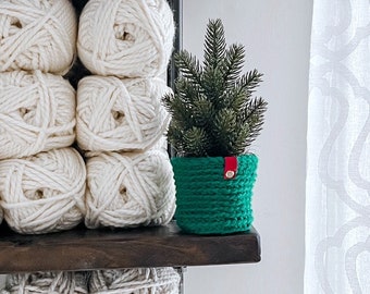 Faux MINI PINE TREE plant with crochet planter sleeve (Medium)