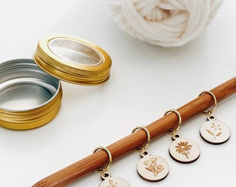 Wood Floral Round Knitting STITCH MARKER SET of 4 in Gold Metal Tin