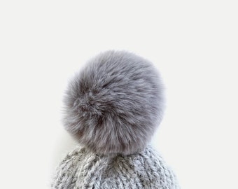 MEDIUM Faux Rabbit Fur Pom with Detachable Snap for Knit / Crochet Beanie Hat | 5” GREY
