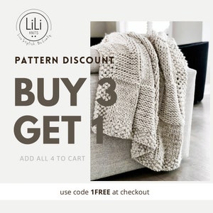 May include: A beige knitted throw blanket draped over a sofa with the text "BUY 3 GET 1" and "ADD ALL 4 TO CART" in brown text. The text "use code 1FREE at checkout" is also included in brown text.