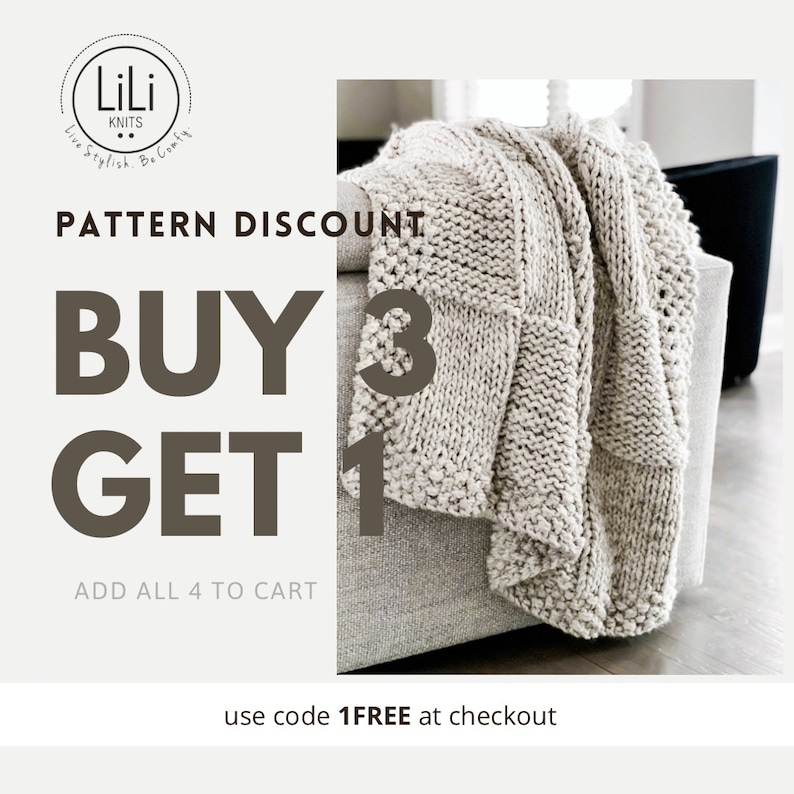 May include: A beige knitted throw blanket draped over a sofa with the text "BUY 3 GET 1" and "ADD ALL 4 TO CART" in brown text. The text "use code 1FREE at checkout" is also included in brown text.