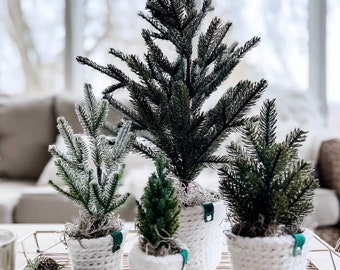 Faux MINI PINE TREE plant with crochet planter sleeve (Large)