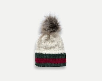 Red + Green Striped Double Brim Knit Beanie Hat with detachable Fur Pom | THE BERRETTO