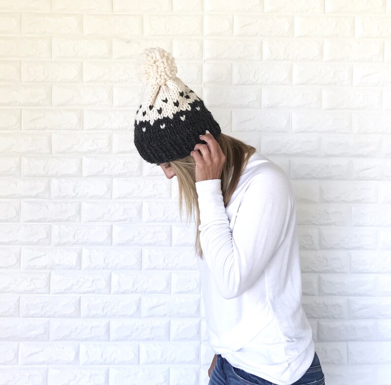 Two-Tone Chunky Fair Isle Slouchy Hat with Pom-Pom Charcoal Grey/Fisherman THE MODELLO image 4