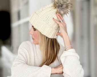 Knit Textured Beanie Hat + fold-up ribbed brim with detachable Faux Fur Pom | THE SAVONA