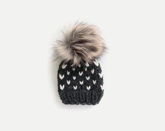 Chunky Knit Fair Isle Hat with Faux Fur Pom | newborn, baby, toddler, child | THE MODA