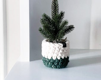 Faux MINI PINE TREE plant with crochet planter sleeve