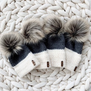 Gorro de punto de dos tonos con ala doble y pompón de piel sintética desmontable Recién nacido/bebé/niño pequeño/niño/niños/EL BERRETTO