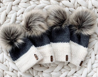 Two-Tone Double Brim Knit Beanie Hat with detachable Faux Fur Pom Newborn/Baby/Toddler/Child/Kids | THE BERRETTO