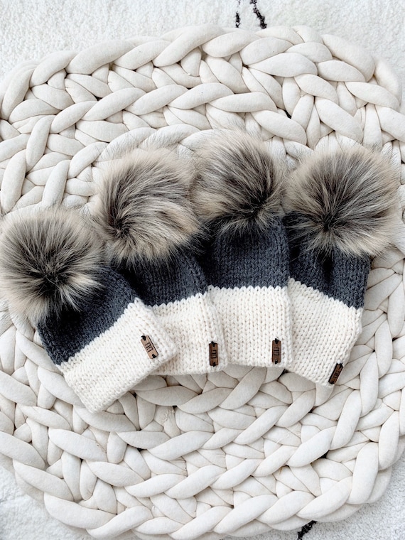 Two-tone Double Brim Knit Beanie Hat With Detachable Faux  display picture 2
