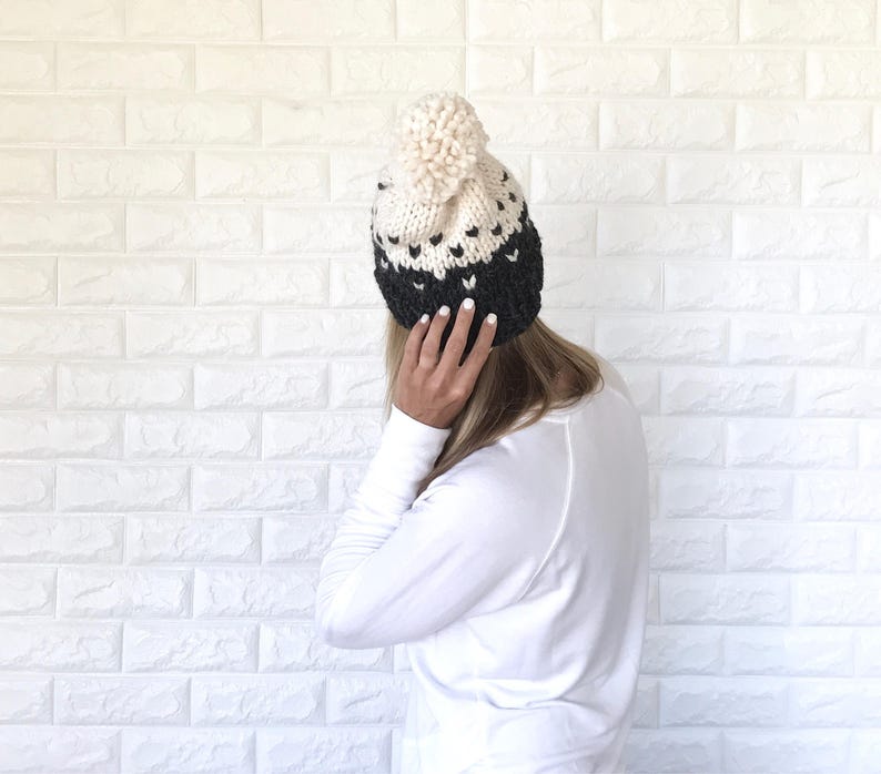 Two-Tone Chunky Fair Isle Slouchy Hat with Pom-Pom Charcoal Grey/Fisherman THE MODELLO image 5