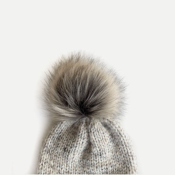 LARGE Faux Fur Pom with Detachable Snap for Knit Crochet Hat | FAUX RACCOON 6”