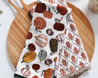 Fall  Cotton Tea Towel Set: Crochet Edge Kitchen Decor
