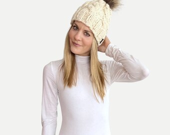 LUXURY | Chunky Knit Cabled Hat with detachable Faux Fur Pom | THE TRECCIA | Ready To Ship!