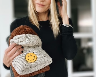 Handmade Unisex Double Knit Fold-Up Brim SMILEY FACE BEANIE | Adult