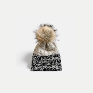 Marled Double Brim Knit Beanie Hat with detachable Faux Fur Pom  | THE BERRETTO