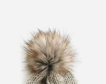 LARGE Faux Fur Pom with Detachable Snap for Knit + Crochet Beanie Hat | 6” GREY WOLF