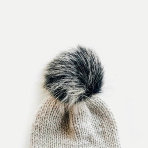 XL Faux Fur Pom with Detachable Snap for Knit/Crochet Beanie Hat | 7” SALT + PEPPER