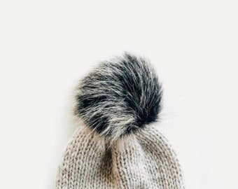XL Faux Fur Pom with Detachable Snap for Knit/Crochet Beanie Hat | 7” SALT + PEPPER